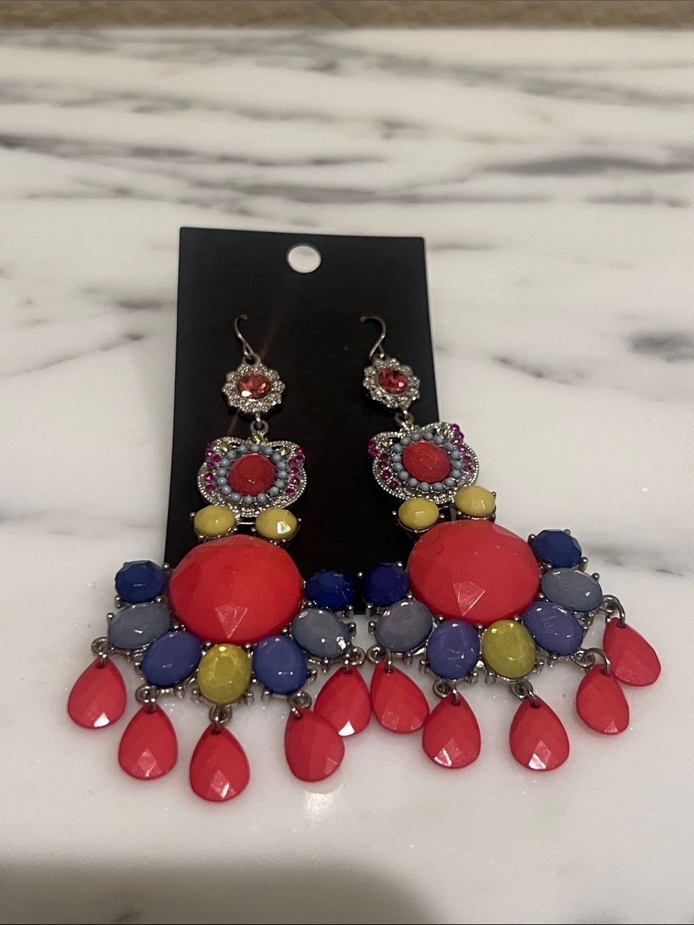 Colorful Statement Drop Earrings - Coral, Blue & Yellow Accent